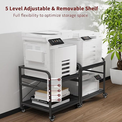 TFK 2 Tier Large Printer Stand with Storage, 20 x 20 Inches Under Desk Printer Table with Adjustable Shelf, Rolling Printers Cart with Wheels for Home Office, Fits Fax /3D Printer/Scanner, Black