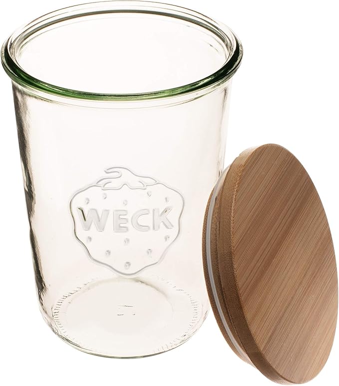 Weck Canning Jars 743-25.3 fl. oz Weck Mold Jars - Eco-Friendly Canning Jar - Storage for Food, Yogurt with Air Tight Seal and Lid - 3/4 Liter Tall Jars Set - Set of (2 Jars with Wooden Lids)