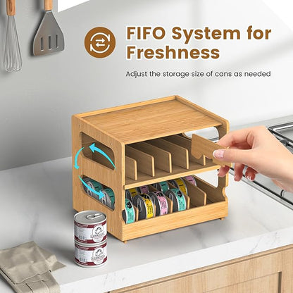 Teamkio Stackable Bamboo Cat Food Organizer, 2-Tier Adjustable FIFO Can Dispenser Space-Saving Storage, Holds Up to 36 Cans - Ideal for Pantry, Cabinet, Countertop