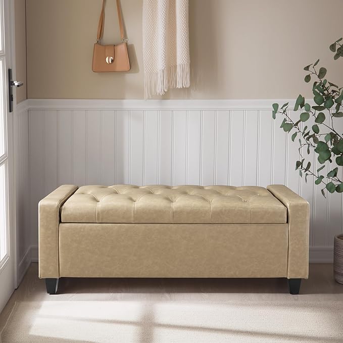 Ottoman with Storage，Storage Ottoman Bench, Storage Bench for Bedroom with Safety Hinge，Bedroom Benches with Seating for Living Room, Entryway (Khaki-PU)