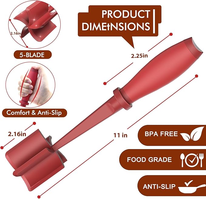 Shadowgallery 2Pack Meat Chopper,Heat Resistant Meat Masher for Hamburger Meat,Ground Beef Smasher,Nylon Chopper Utensil,Meat Ground,Non Stick Mix Chopper and Chop,Meat Masher Tool Gift（Red）