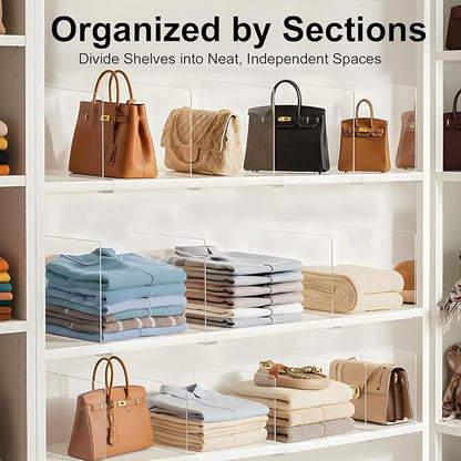 Purse Organizer for Closet Shelf Dividers: 8-Pack Adjustable Clear Acrylic Bag Storage Organizer for Handbags, Sweaters, Towels, Jeans and Shoes on Wood Shelves