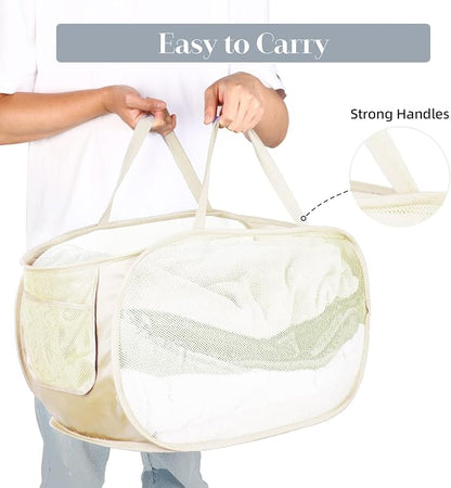 Durable Collapsible Laundry Baskets, Mesh Pop Up Laundry Hamper with Side Pocket, Foldable Clothes Hamper with Reinforced Carry Handles for Laundry, Bathroom, Kids Room, Dorm or Travel 2 Pack Beige