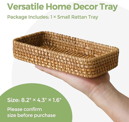 Small Rattan Serving Tray, Natural Wicker Decorative Tray Handwoven for Keys Trinkets Rings Cosmetics, Decorative Jewelry Perfume Tray for Coffee Table Entryway Living Room(8.2" × 4.3")