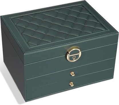 GUOER Jewelry Box for Women Girl Wife 3 Layers Large PU Leather Jewelry Organizer Storage Case with Two drawers Display for Earrings Bracelets Rings Watches (Hunter Green)