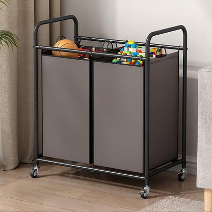 SUOERNUO Laundry Sorter Basket 2 Bag Laundry Hamper Cart with Rolling Lockable Wheels and Removable Bags Laundry Organizer Cart for Clothes Storage, Assorted