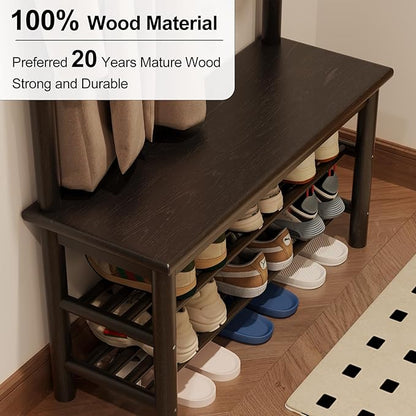 AQIMUELE Coat Rack with Shoe Storage, Wooden Hall Tree with Bench, 11 Hooks and 2-Tier Storage Shelves, 3-in-1, Entryway Bench with Coat Rack (31.5"-Deep Black)