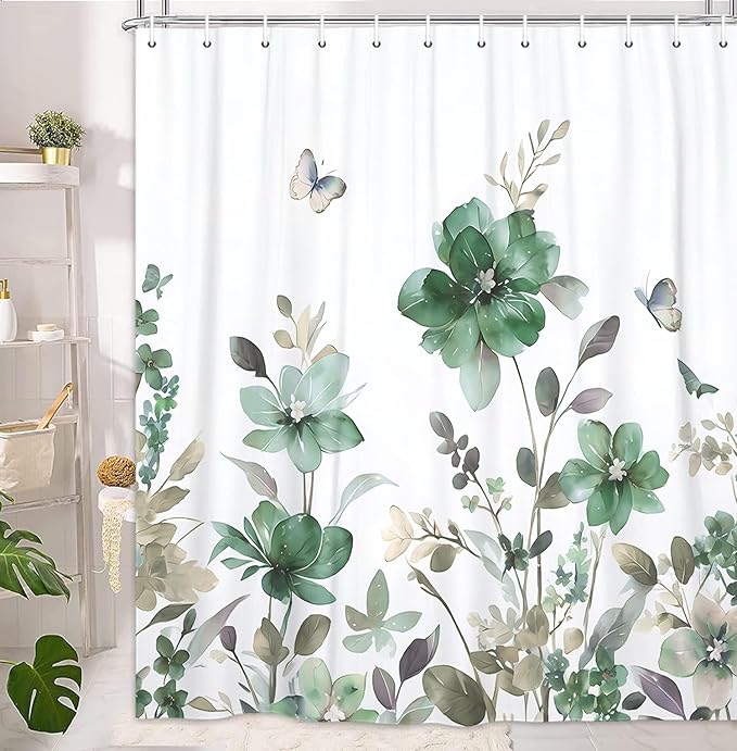 Green Floral Shower Curtain, Green Lavender Floral Butterfly Boho Shower Curtains for Bathroom, Farmhous Flower Cute Fabric Shower Curtain Set with 12PCS Hooks, 70X70IN