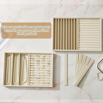 Large Velvet Jewelry Tray 2 Pack Stackable Jewelry Display Drawer Inserts Trays Organizer for Earring Bracelet Necklace Ring (Beige, Ring and 9 Grids)
