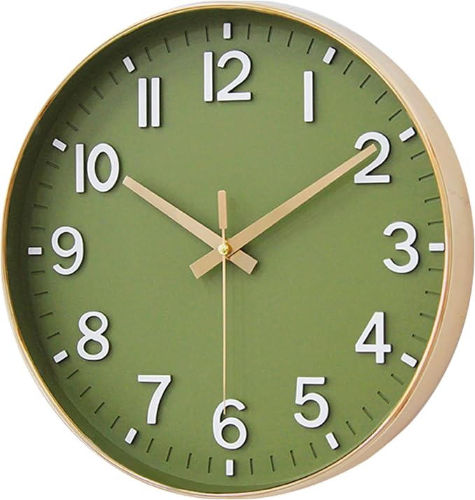 HZDHCLH Wall Clocks Battery Operated,Wall Clock Green Gold,10 inch Wall Clock Silent Non Ticking Modern 3D Numbers for Kitchen Bedroom Living Room Office Classroom Decor