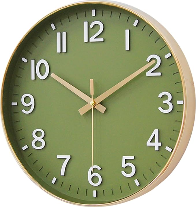HZDHCLH Wall Clocks Battery Operated,Wall Clock Green Gold,8 inch Wall Clock Silent Non Ticking Modern 3D Numbers for Kitchen Bedroom Living Room Office Classroom Decor