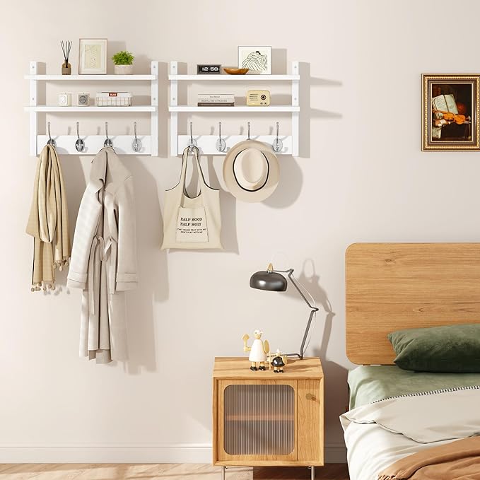 YMYNY Coat Rack Wall Mount with Shelf, Two-Tier Wall Shelf Mounted with 8 Hooks, Wooden Wall Coat Rack for Entryway, Bedroom for Hanging Clothes/Coats/Keys/Hats/Towels, White, HWS009W-2