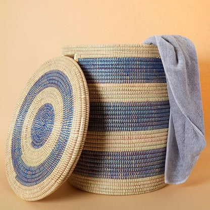 Large Woven Storage Basket with Lid, Laundry Hamper, 20 x 18 Inch Round Decorative Container for Toys, Blankets, Towels, Cut Out Handles (Blue)