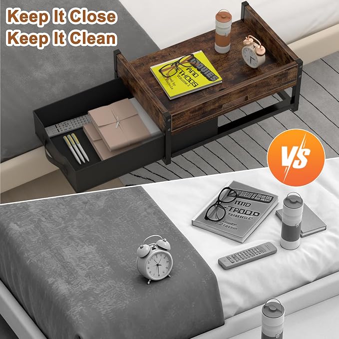 2 Tier Bedside Shelf - Clip on Bedsides Caddy Organizer for Dorm Bunk Beds, Floating Nightstand Bed Side Table Storage with Fabric Drawer, Bunk Bed Accessories Bedside Tray for College, Back to School