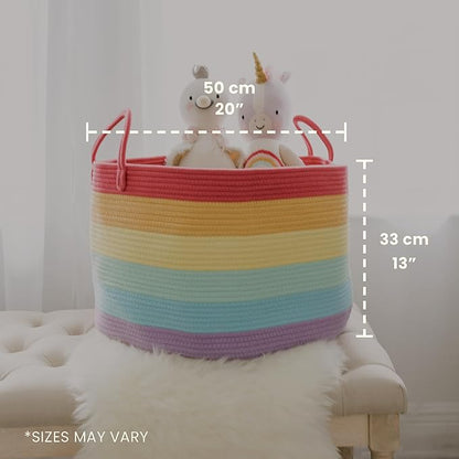 OrganiHaus Rainbow Blanket Basket for Classroom & Nursery, Extra Large Woven Laundry Basket W/Handles, Kids Toy Organizer & Storage, Soft Round Dog Toy Storage Bin, Cute Bin - 20"x13" in