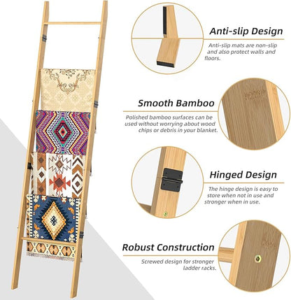 BAMBANG 6-Tier Blanket Ladder for Living Room, Blanket Quilt Ladder Rack Rustic Decorative Towel Holder, Wall Leaning Blanket Ladder Shelf Storage Farmhouse Decor for Bedroom Bathroom, Natural