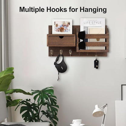 Lwenki Wall Mount Key Holder with Mail Organizer, 100% Paulownia Wood, 7 Metal Hooks, Storage Drawer, Entryway Home Decor (Brown)