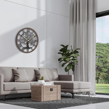 Micasso Non-Ticking Oversize Wall Clock: 32Inch Tree of Life Metal Black with Solid Wood Frame - Silent Battery Operated Clock for Living Room/Fireplace/High-Ceiling - Home Decor for Housewife