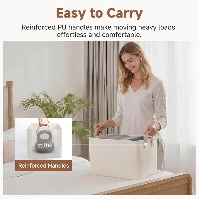 StorageWorks Closet Storage Bins, Storage Baskets for Shelves, Closet Organizers and Storage Bins with Metal Frame, Handles, Beige, Cool Silky Fabric, 2-Pack