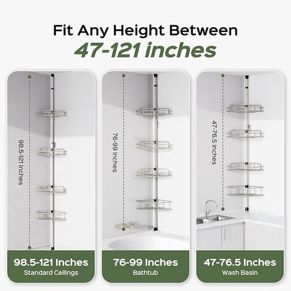 HAMITOR Shower Caddy Tension Pole: 4-Tier Rustproof Bathroom Corner Shelf Organizer for Renter - No Drill Large Shampoo Storage Rack - Adjustable 47-121" - Space Saving Bathtub Accessory - Silver Gray