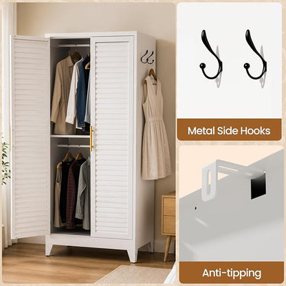 Metal Armoire Wardrobe Closet, 71" Clothing Storage Cabinets with Adjustable Hanging Rod, Louvered Doors, 2 Side Hooks & 2 Adjustable Rod- Closet Cabinet for Bedroom, Laundry Room, Cloak Room