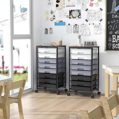 Rolling Cart with Drawers,Utility Cart With 8 Drawers and Wooden Tabletop for Living Room,Classroom,Bedroom,Bathroom,Dorm,Office,Dark Grey
