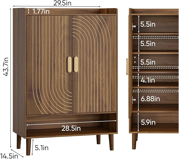 Shoe Cabinet with Doors, 6-Tier Shoe Storage Cabinet with Adjustable Shelves,Freestanding Shoes Rack Shoe Storage Organizer for Entryway, Hallway, Closet (Walnut)