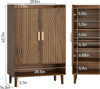 Shoe Cabinet with Doors, 6-Tier Shoe Storage Cabinet with Adjustable Shelves,Freestanding Shoes Rack Shoe Storage Organizer for Entryway, Hallway, Closet (Walnut)