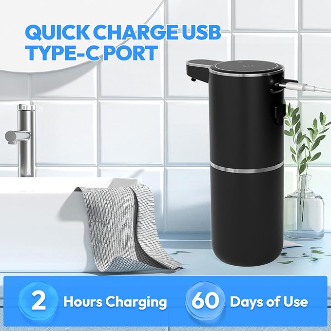 Automatic Foaming Soap Dispenser,Touchless Foam Soap Dispenser,12.8oz Rechargeable Wall Mounted Smart for Bathroom and Kitchen Dish Soap,Easy for Toddlers(Black)