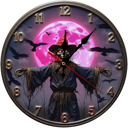Wall Clock, Spooky Scarecrow Non Ticking Wall Clocks Battery Operated, Black Wooden Wall Clocks for Living Room, Kitchen, Halloween Decorative 10 Inch