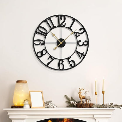 LEIKE Large Wall Clocks,Silent,Non Ticking,Battery Operated Small Vintage Round Modern Metal Wall Clock for Living Room, Bedroom,Kitchen,Farmhouse,Office Decor-13.5 Inch(Black-Arabic Number)