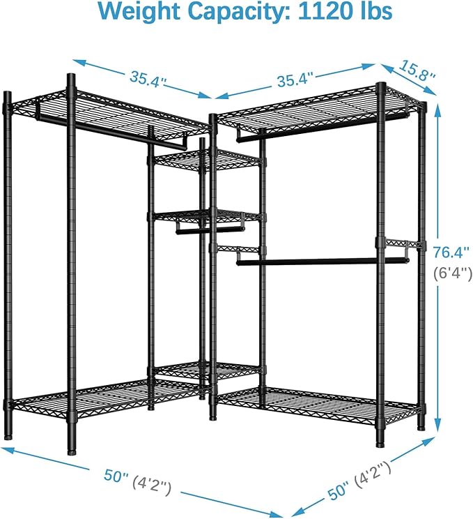 VIPEK L6 Plus Garment Racks Heavy Duty Clothes Rack Corner Closet Racks L Shaped Clothing Rack for Hanging Clothes, 5-Tier Freestanding Closets with 7 Adjustable Shelves, Max Load 1200LBS, Black