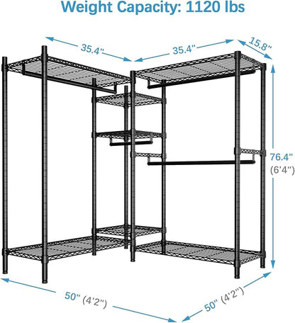 VIPEK L6 Plus Garment Racks Heavy Duty Clothes Rack Corner Closet Racks L Shaped Clothing Rack for Hanging Clothes, 5-Tier Freestanding Closets with 7 Adjustable Shelves, Max Load 1200LBS, Black