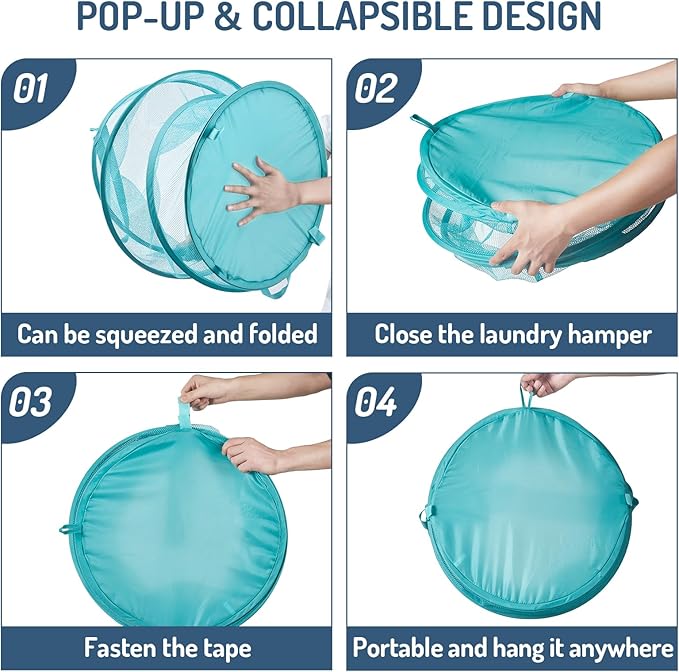 Seiritex Mesh Popup Laundry Hamper 115L Collapsible Laundry Basket No Lid Extra Large Capacity Foldable Clothing Storage Basket with Handles 26 H x 18 W x 18 L (Turquoise Blue)