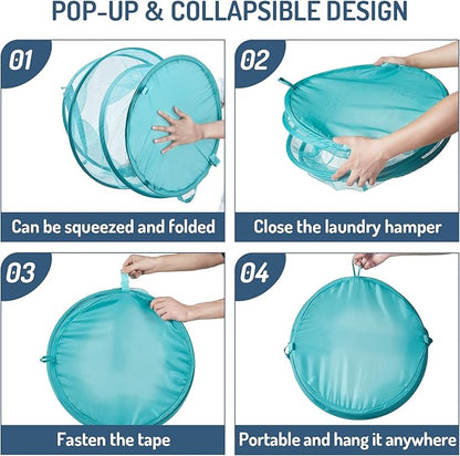 Seiritex Mesh Popup Laundry Hamper 115L Collapsible Laundry Basket No Lid Extra Large Capacity Foldable Clothing Storage Basket with Handles 26 H x 18 W x 18 L (Turquoise Blue)