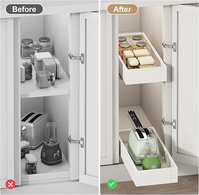2Pc Pull out Cabinet Organizer,Width (7"-11") and Depth(17"-24"),Expandable,Cabinet Roll out Drawers,Adjustable Slide out shelves for Kitchen and Pantry,for Cabinets Without Lip,White