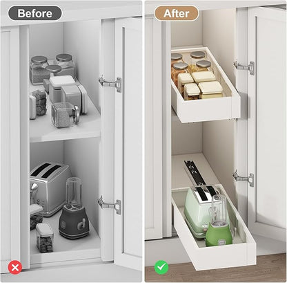 2Pc Pull out Cabinet Organizer,Width (7"-11") and Depth(17"-24"),Expandable,Cabinet Roll out Drawers,Adjustable Slide out shelves for Kitchen and Pantry,for Cabinets Without Lip,White