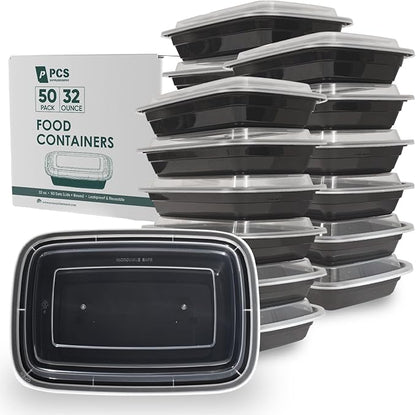 32 oz 50 Pack Meal Prep Containers BPA Free Leakproof Stackable Food Storage Containers with Lids, Microwave & Dishwasher Freezer Safe Reusable To Go Containers Bento Box Style Take Out Clear Plastic