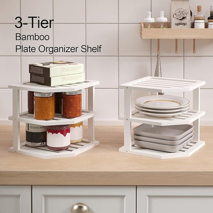 3 Tier Bamboo Corner Shelf(2 Pack),Dish Drying Rack,Plate Organizer,Kitchen Spice Rack for Countertop and Cabinet(White)