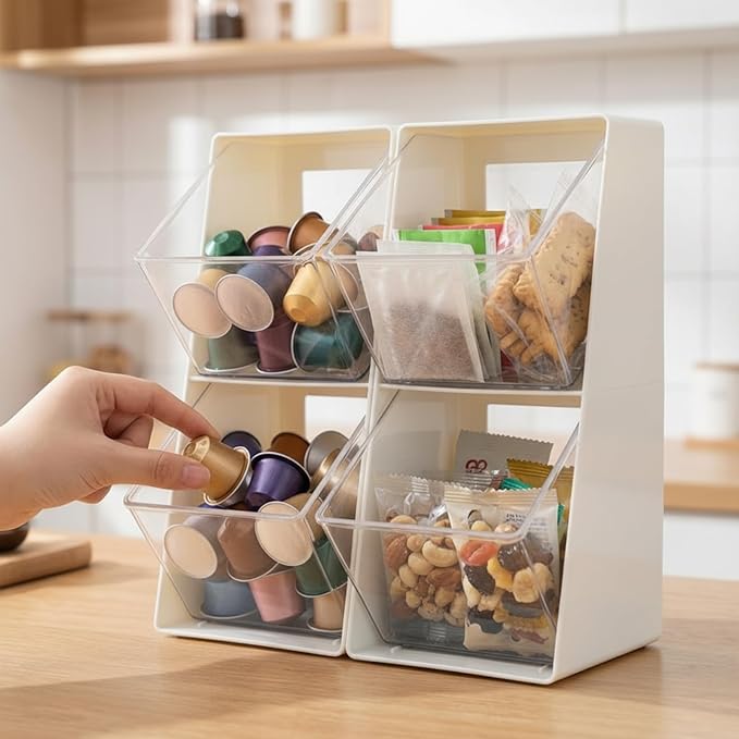 2 Pack Large Coffee Pod Holder, Coffee Station Counter Container Stackable Pantry Storage Organizer Bins, Creamer Suger Plastic Accessories Organizer for Office Home Kitchen Supplies(White)