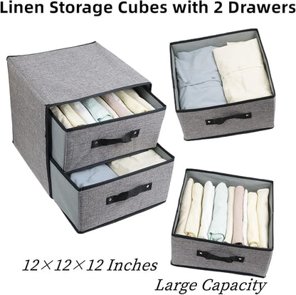 Linen Closet Organizer and Storage, Fabric Storage Drawer Organizer with 2 Drawers for Underwear, Sock, Bra, Small Items, 121212 INCH (Gray)