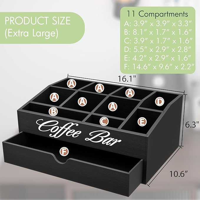 Suli Coffee Bar Station Organizer,Extra Large Wooden Countertop Pods Holder with Drawer,Storage for Condiment Syrup Tea Cups,Rustic Bar Decor for Accessories Organizer (2 Tiers 11 Compartments)-Black