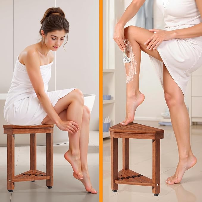 Shower Foot Rest 15 in, Acacia Shower Stool for Shaving Legs,Corner Bath Shower Bench with Starage Shelf for Inside Small Shower Spaces