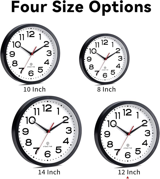 Roymnie Atomic Wall Clock 12 Inch, Modern Clock Battery Operated Classic Analog Decorative for Kitchen, Living Room, Office, Bedroom, Bathroom (Black)