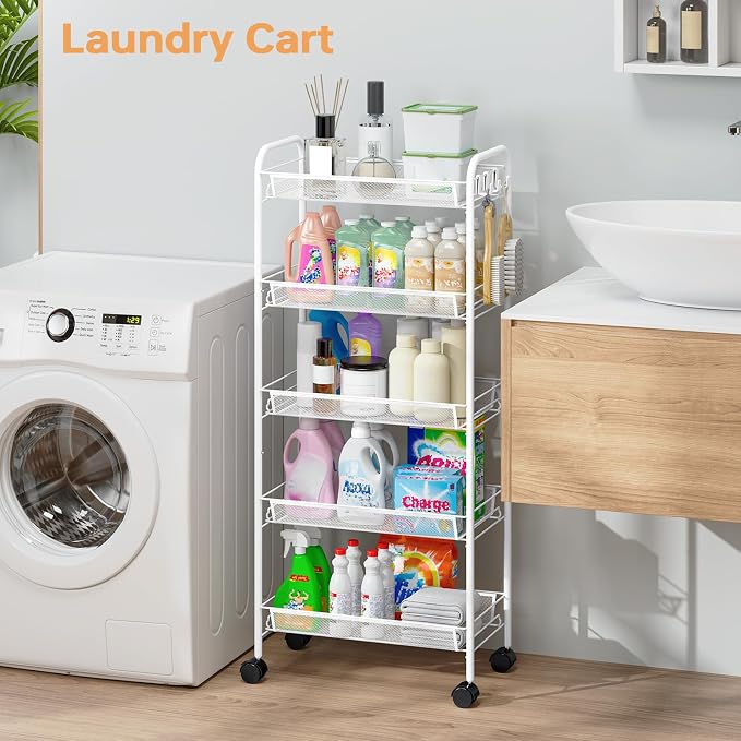 TOOLF 5-Tier Rolling Cart, Metal Utility Cart with 3 Hooks, Easy Assemble Mobile Storage Trolley On Wheels, Metal Shelving Units Kitchen Bathroom Laundry Room