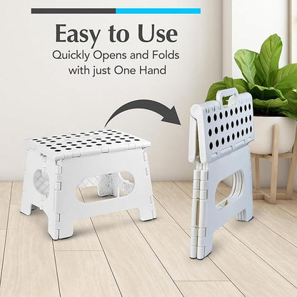 Handy Laundry Folding Lightweight Step Stool - Sturdy Enough to Support Adults - Opens Easy with One Flip - Great for Kitchen, Bathroom or Bedroom (White - 9 Inch)