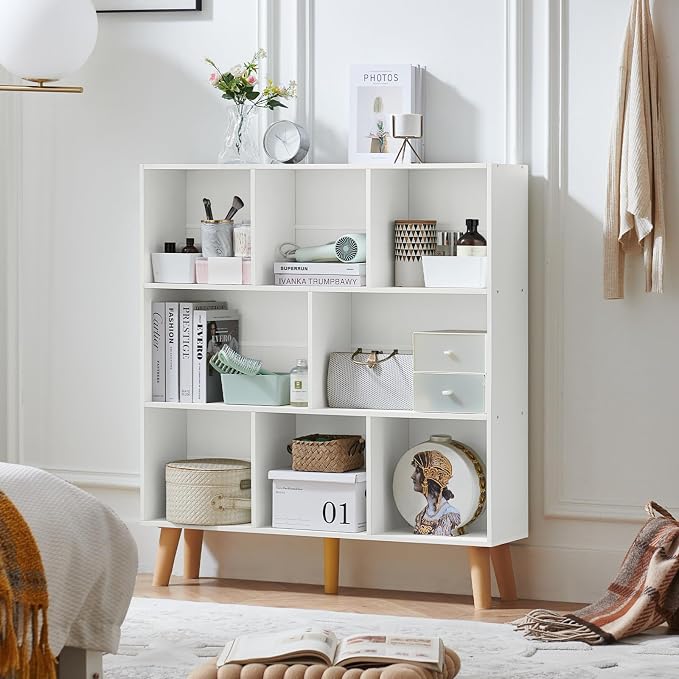 LEYAOYAO 8 Cube Bookshelf,3 Tier Bookcase with Legs,White Mid-Century Modern Bookshelves,Large Open Storage Organizer Shelf, Wooden Book Case