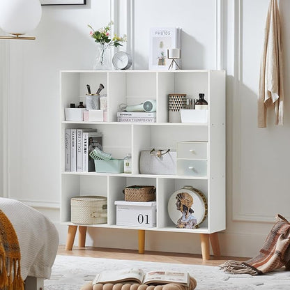 LEYAOYAO 8 Cube Bookshelf,3 Tier Bookcase with Legs,White Mid-Century Modern Bookshelves,Large Open Storage Organizer Shelf, Wooden Book Case