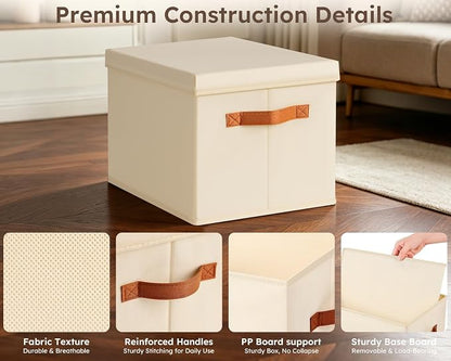 Homsorout Storage Bins with Lids - Large Fabric Closet Bins with Lid, 5 Pack Clothes Organizers and Storage, Collapsible Stackable Cube Basket for Home, Office, Dorm, Beige
