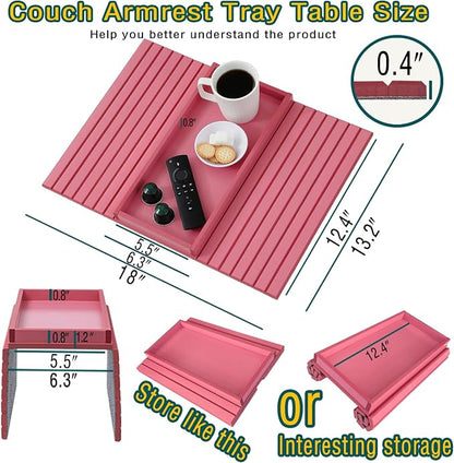 Bamboo Couch Arm Tray Table，Foldable Sofa Armrest Tray Table for Couch，Flexible and Anti-Slip Couch Arm Cup Holder，Portable Sofa Arm Chair Table for Drink,Cups, Eats，Snacks, Phone, Remote (Pink)
